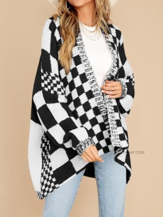 Oversized Checkered Cardigan, Long Sleeve Open Front Knit Sweater - Picture 4 of 7